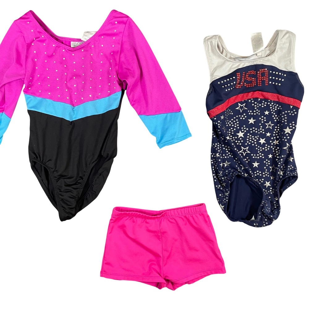 Freestyle by Danskin Girls Gymnastics Leotard Lot USA Stars Pink Blue Size 6/6X
